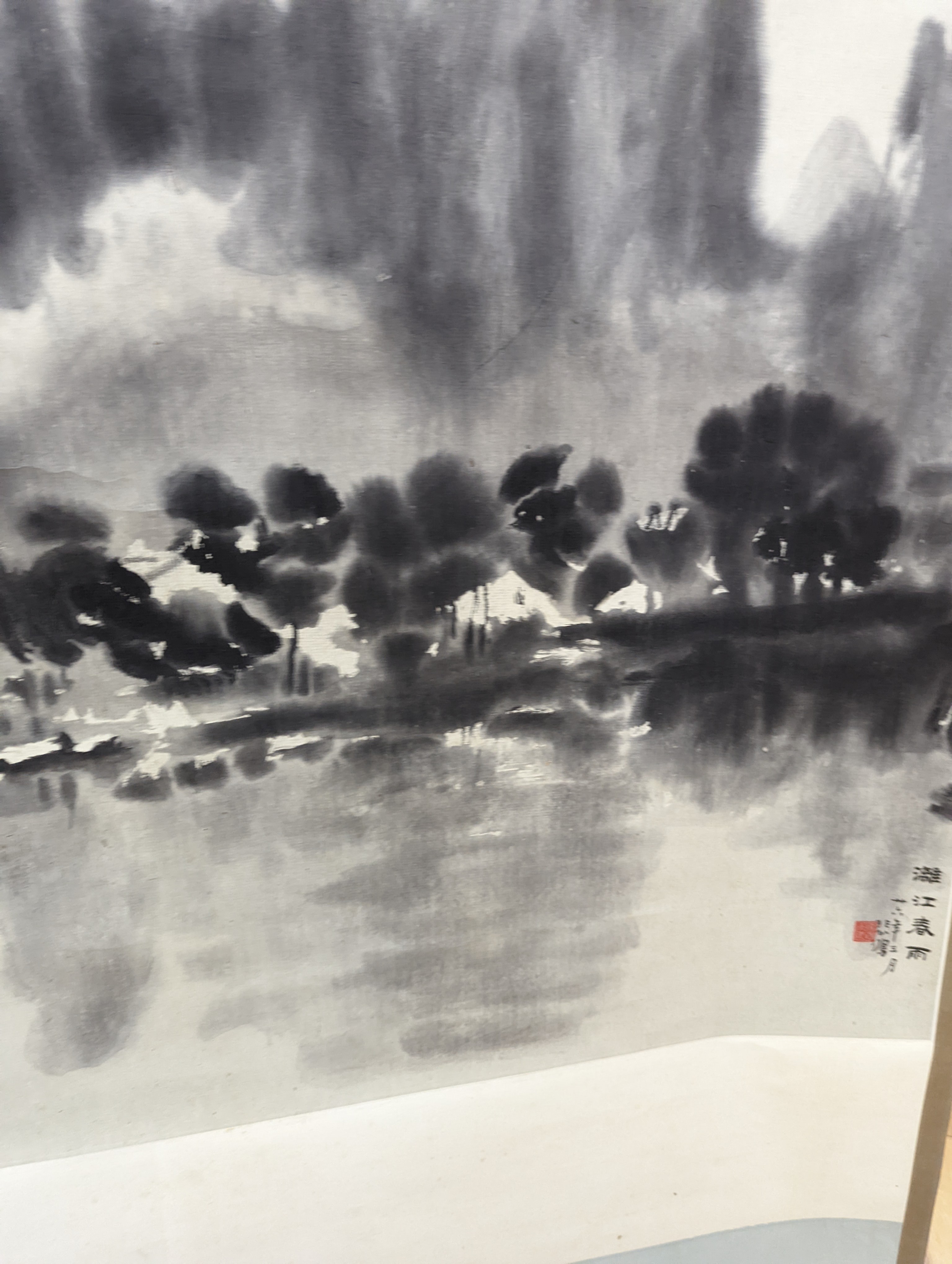 Two mid 20th century Japanese watercolour on paper scroll paintings, Boatman in a landscape, 79.5 x 113cm, and Cormorants on a bank, 103 x 106cm